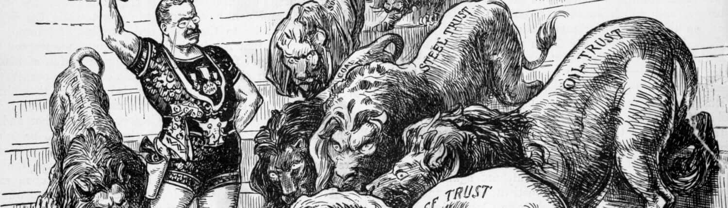 (Original Caption) 1904-Political cartoon, "The Lion Tamer." It shows President Theodore Roosevelt as the lion tamer, in the arena of Wall Street, taming the lions, which are the oil trust, the beef trust, the steel trust, and others.