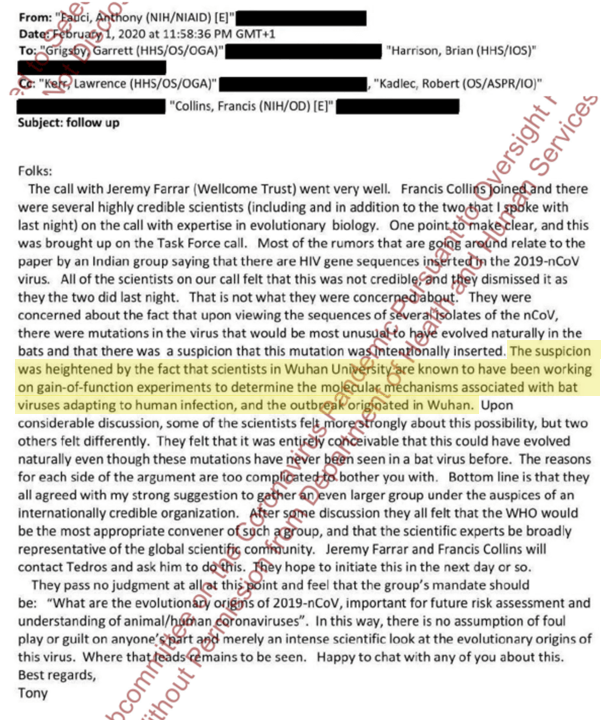 Fauci Privately Admitted 'Highly Credible Doctors' Suspected Wuhan Lab Leak One Week Before Calling the Idea a 'Conspiracy Theory' in Public